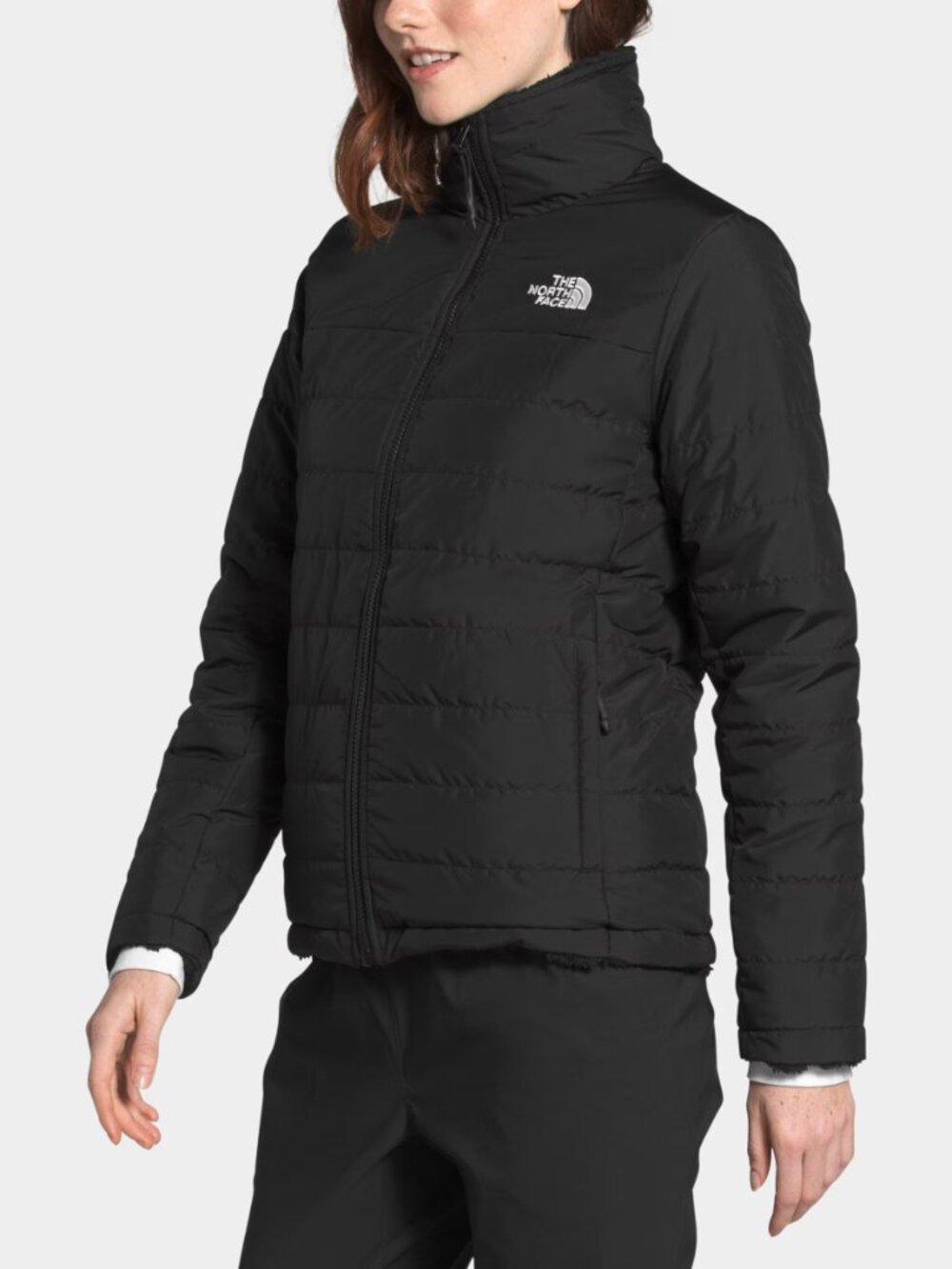 The North Face Mossbud Insulated Reversible Full Zip Puffer Fleece Jacket Black